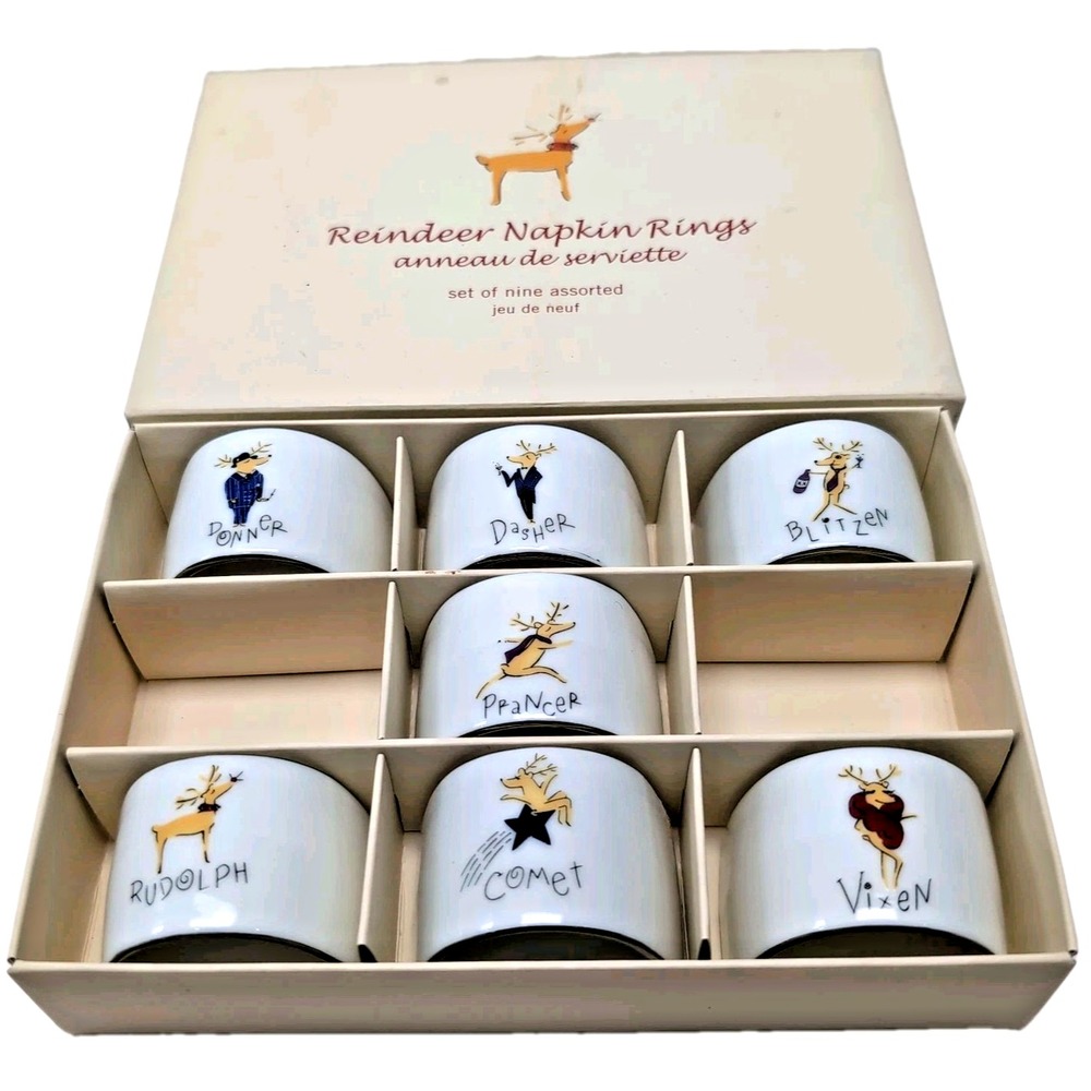 Vtg Pottery Barn Reindeer Napkin Rings Set of 7 Porcelain Japan 2003 RETIRED